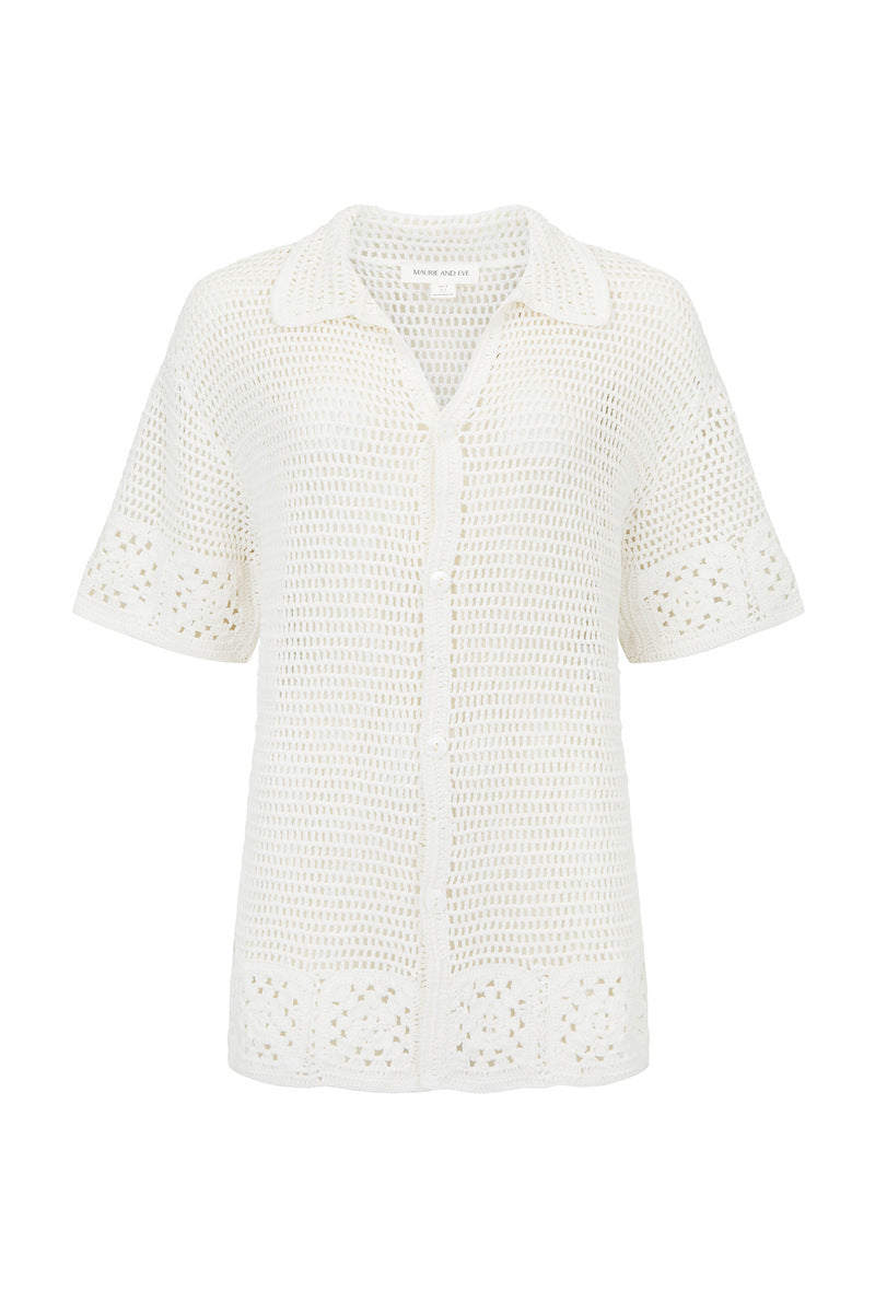 womens white cotton crochet shirt front view