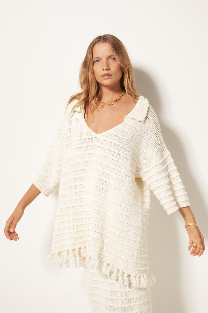 Womens Tassel Collared Top Cotton knit cream Front View