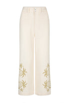 women's cotton cream palm print pant  front view