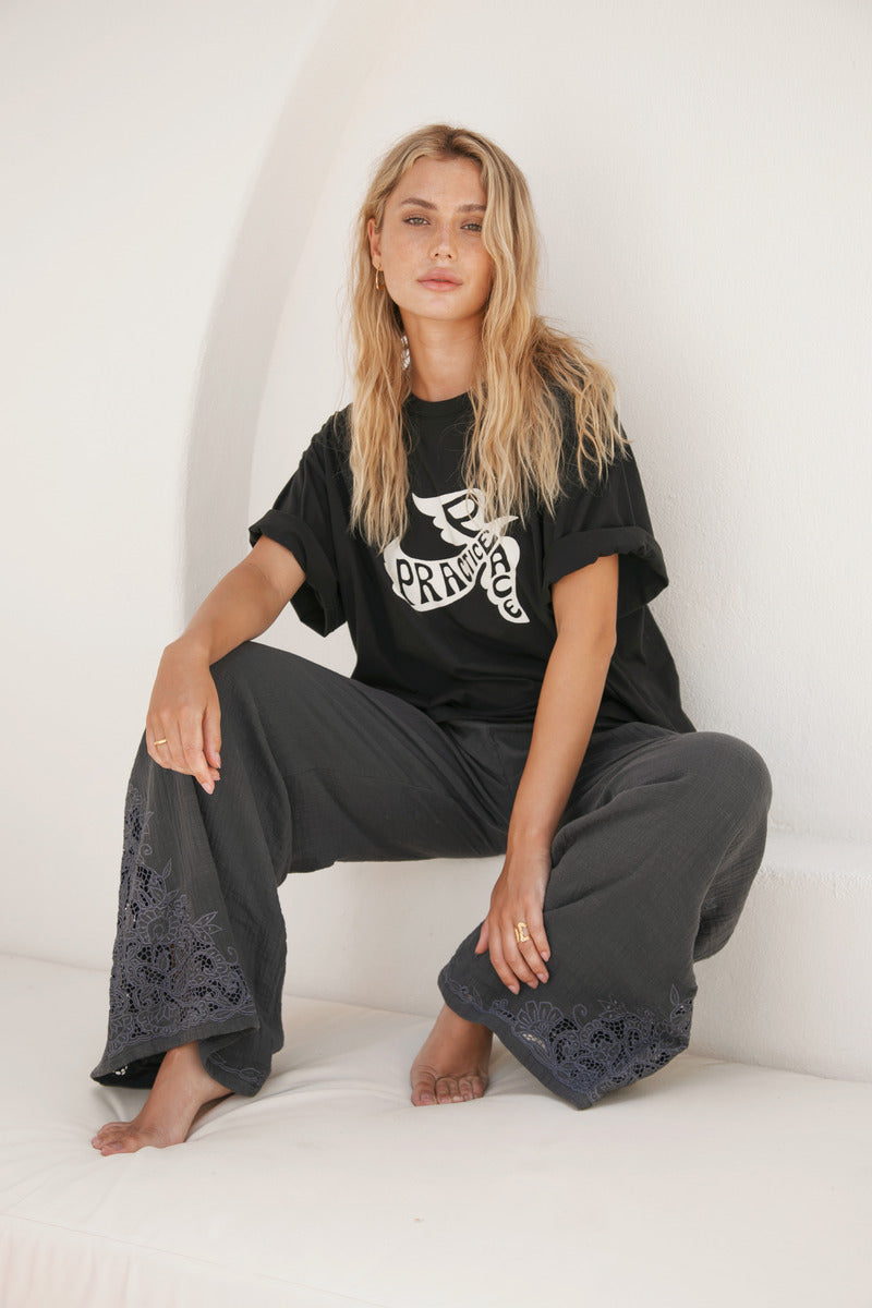 womens charcoal cotton pant with hand embroidery