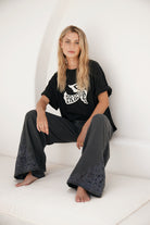 womens charcoal cotton pant with hand embroidery