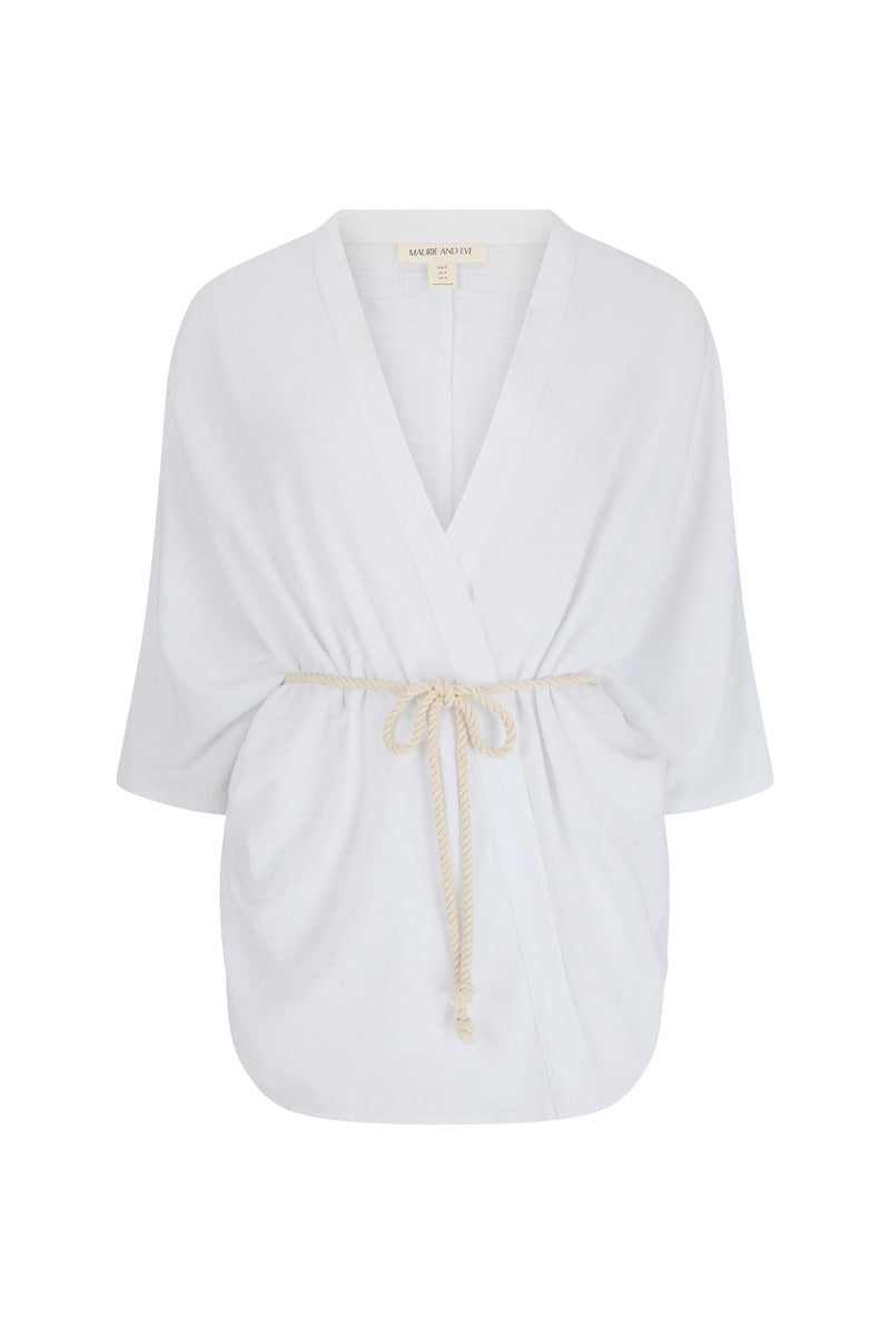 womens white cotton kimono with belt front view