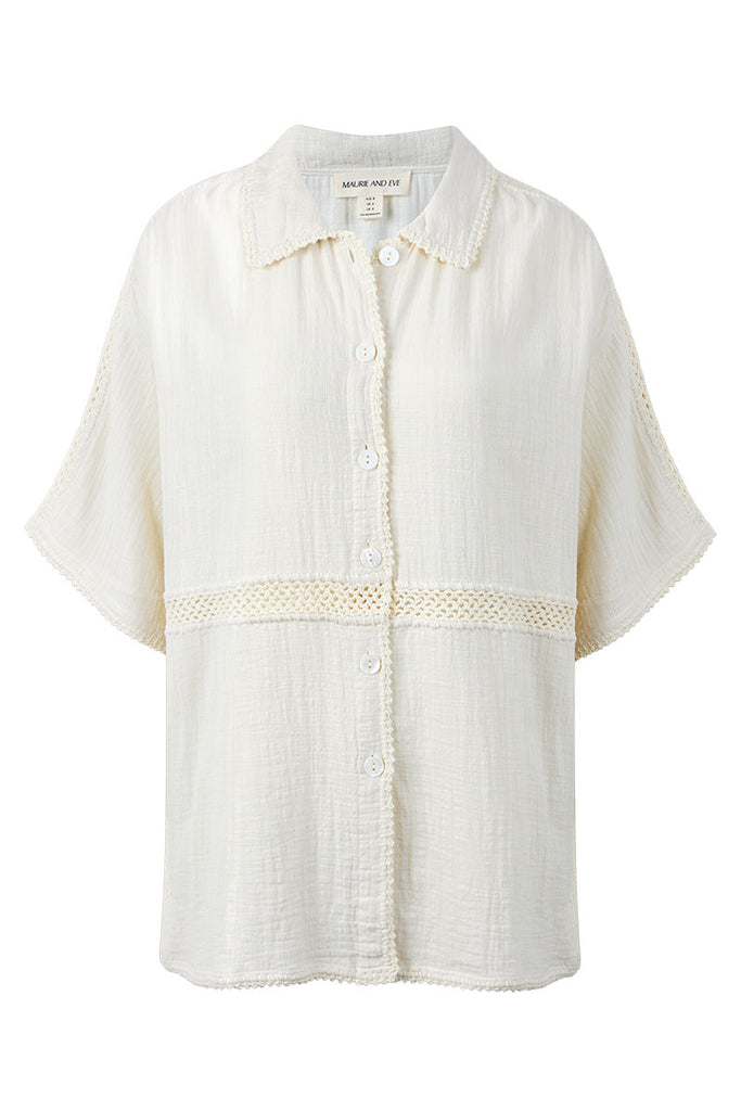womens cotton crochet panel shirt off white front view