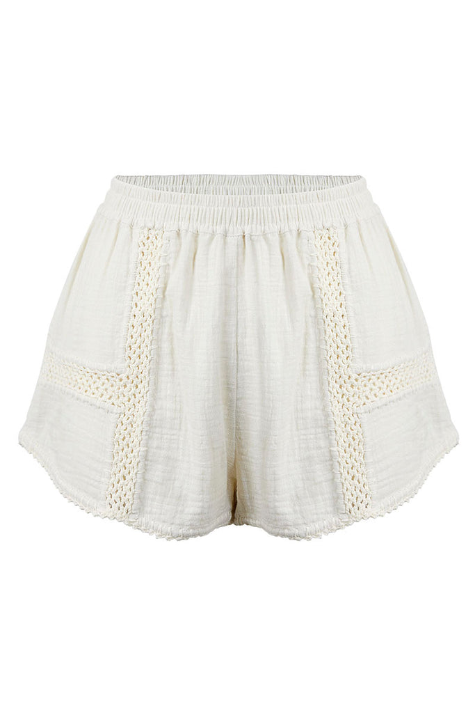 womens cotton crochet panel shorts front view