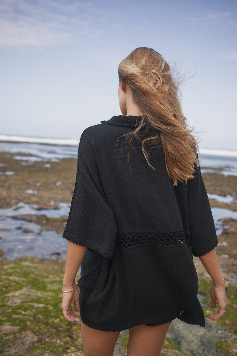 Womens black cotton crochet shirt, back view