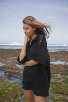 Womens black cotton crochet shirt, front view