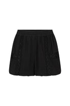 Womens black cotton crochet short, front view