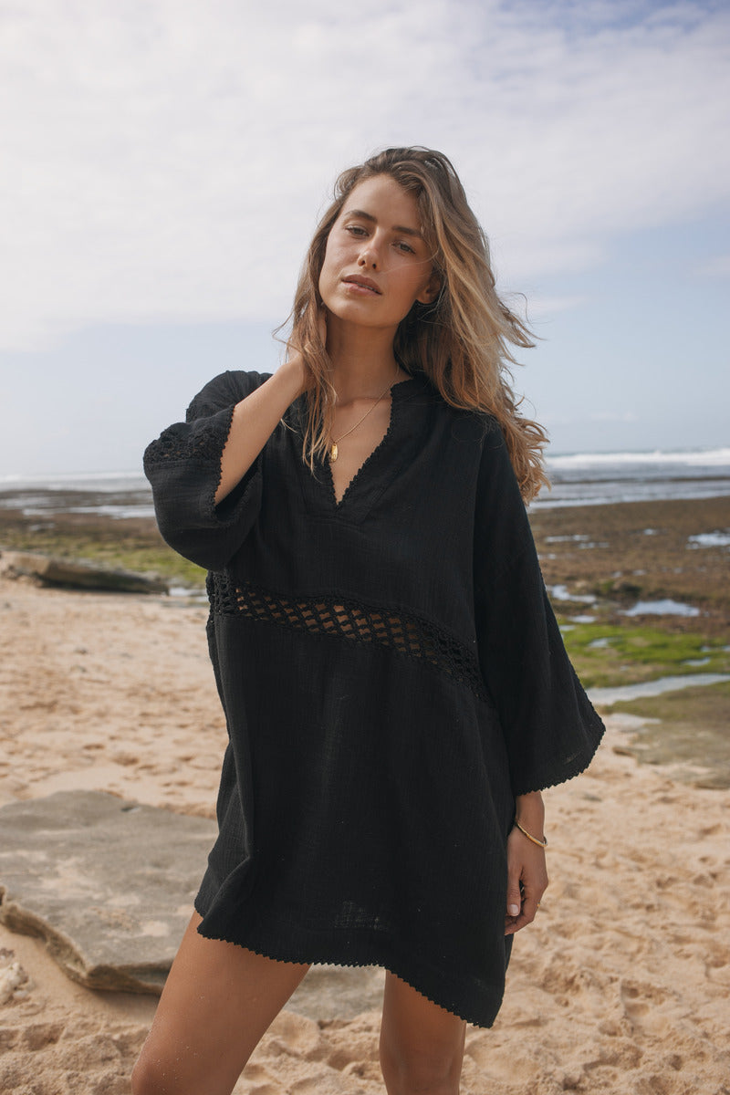 Womens black cotton crochet mini dress, front view