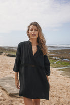 Womens black cotton crochet mini dress, front view