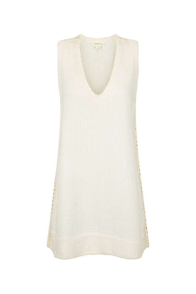 White sleeveless cotton mini dress with crochet panelling