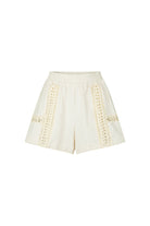 White shorts with decorative crochet cut-out details on a white background