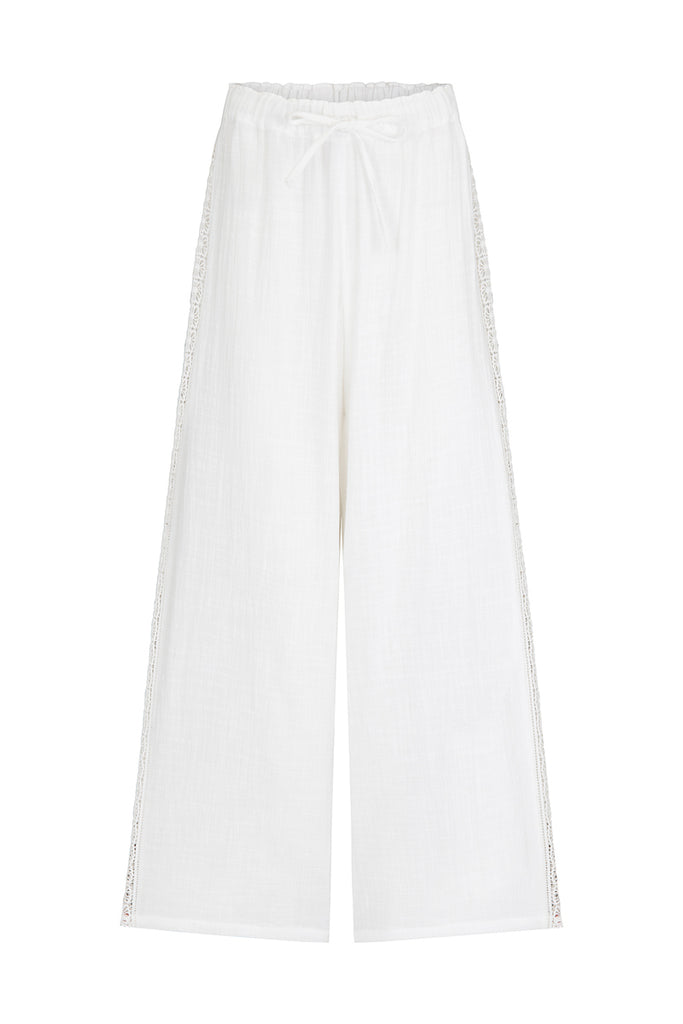 white cotton lace pants with drawstring finish front view