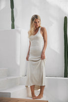 Womens ribbed cotton knit cream dress front view