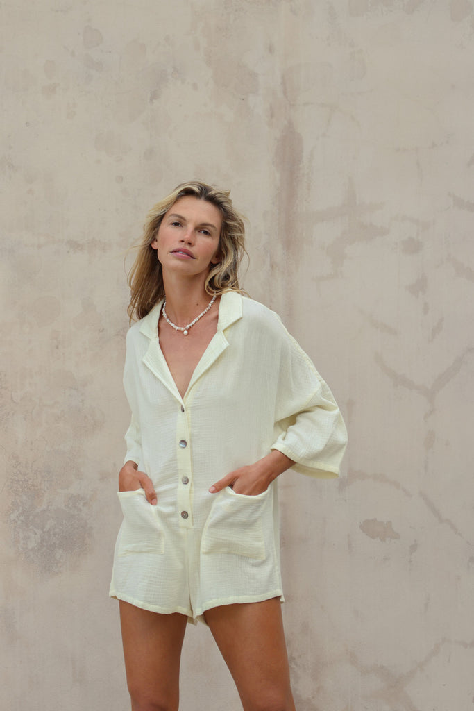 cotton lemon jumpsuit with pockets front view