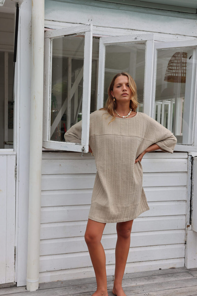 cotton linen beige mini dress front view