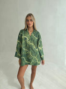 Womens green linen tie dye shirt, front view