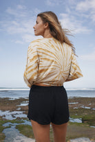 Womens cotton yellow tie dye tee, be present, back view
