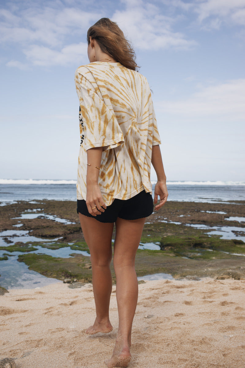 Womens cotton yellow tie dye tee, be present, back view