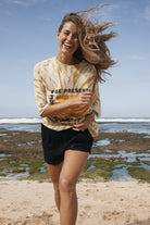 Womens cotton yellow tie dye tee, be present, front view