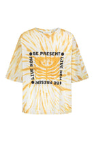 Womens cotton yellow tie dye tee, be present, ghost imagery