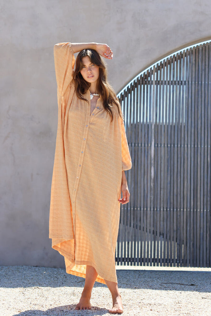 women's recycled button up maxi dress front view 