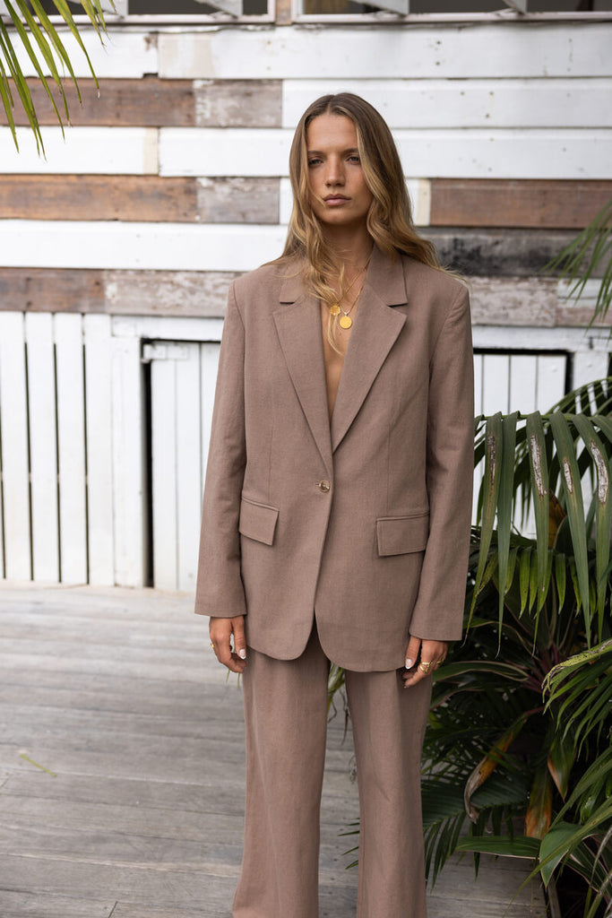 cotton linen tan blazer with matching pant front view
