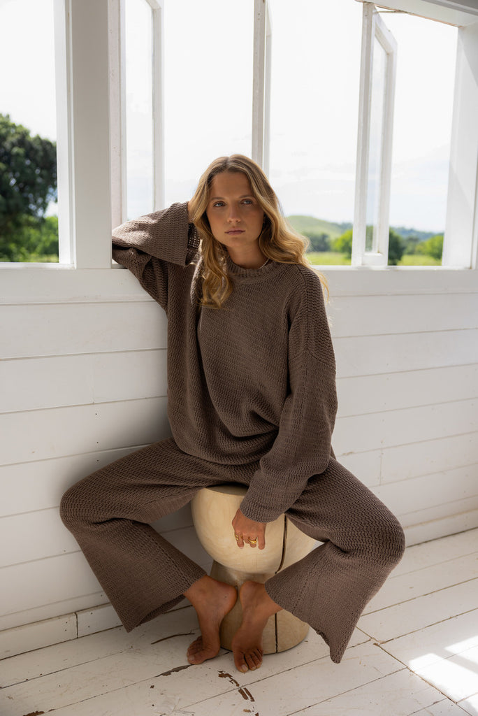 taupe knitwear top and pant set