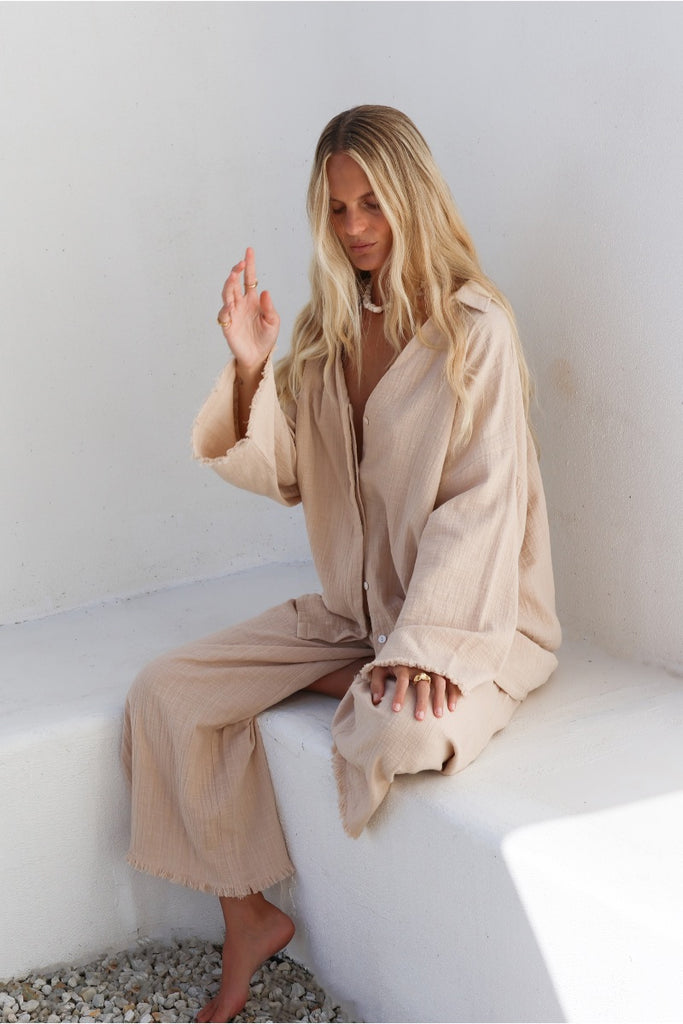 womens relaxed button shirt sand hue
