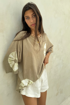 model wearing organic hemp and tie dye tee with linen short