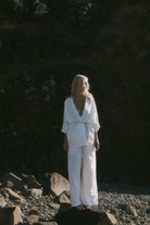 womens white cotton kimono with belt and pant set