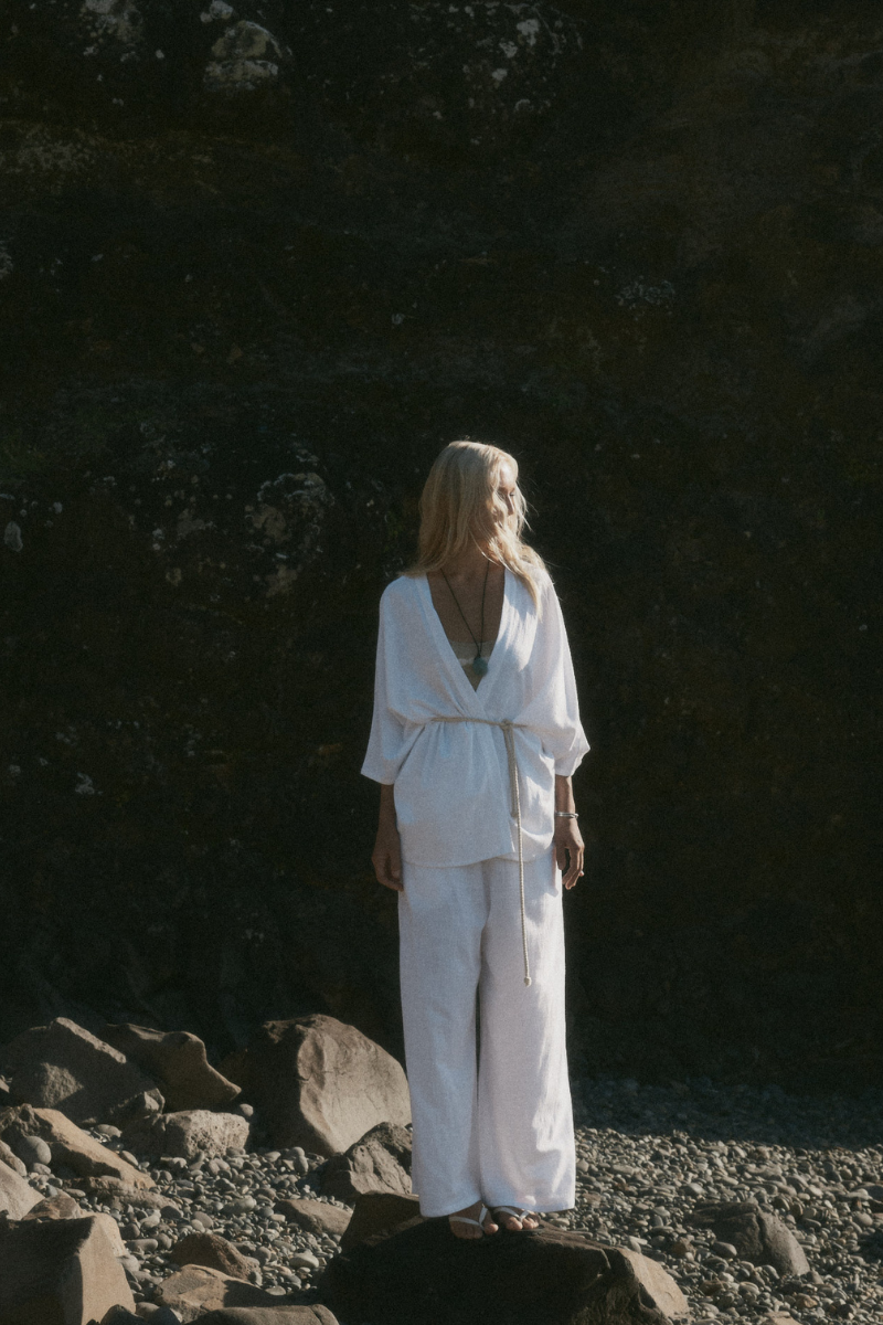 womens white cotton kimono with belt and pant set