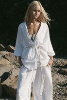 womens white cotton kimono with belt front view