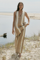 womens taupe cotton tie dye pants with matching mini front view