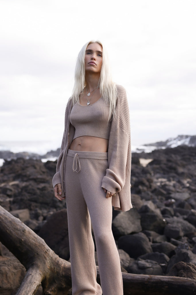womens cotton cashmere rib crop top, pant and cardigan set taupe 