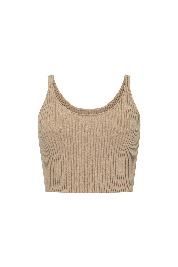 womens cotton cashmere rib crop top taupe front view