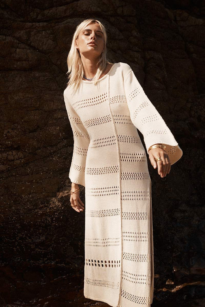 Womens Long Sleeve Maxi Dress Cotton Knit Cream Front View 