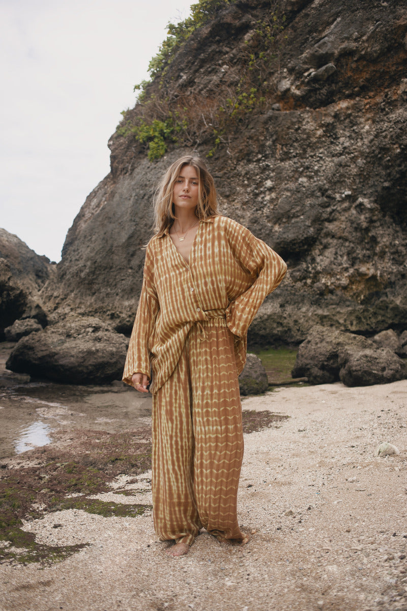 Womens tan cotton tie dye shirt, styled with matching pant, front view