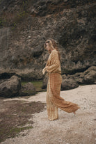 Womens tan cotton tie dye pant, side view