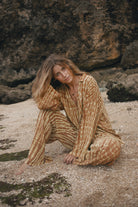 Womens tan cotton tie dye shirt and pant set, front view