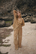 Womens tan cotton tie dye shirt, styled with matching pant, front view