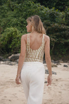 Womens tan cotton tie dye bodysuit, back view