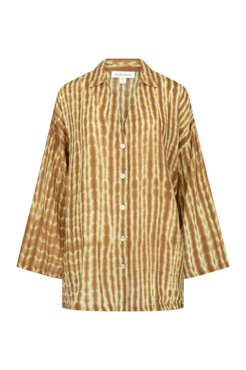 Womens tan cotton tie dye shirt, ghost imagery