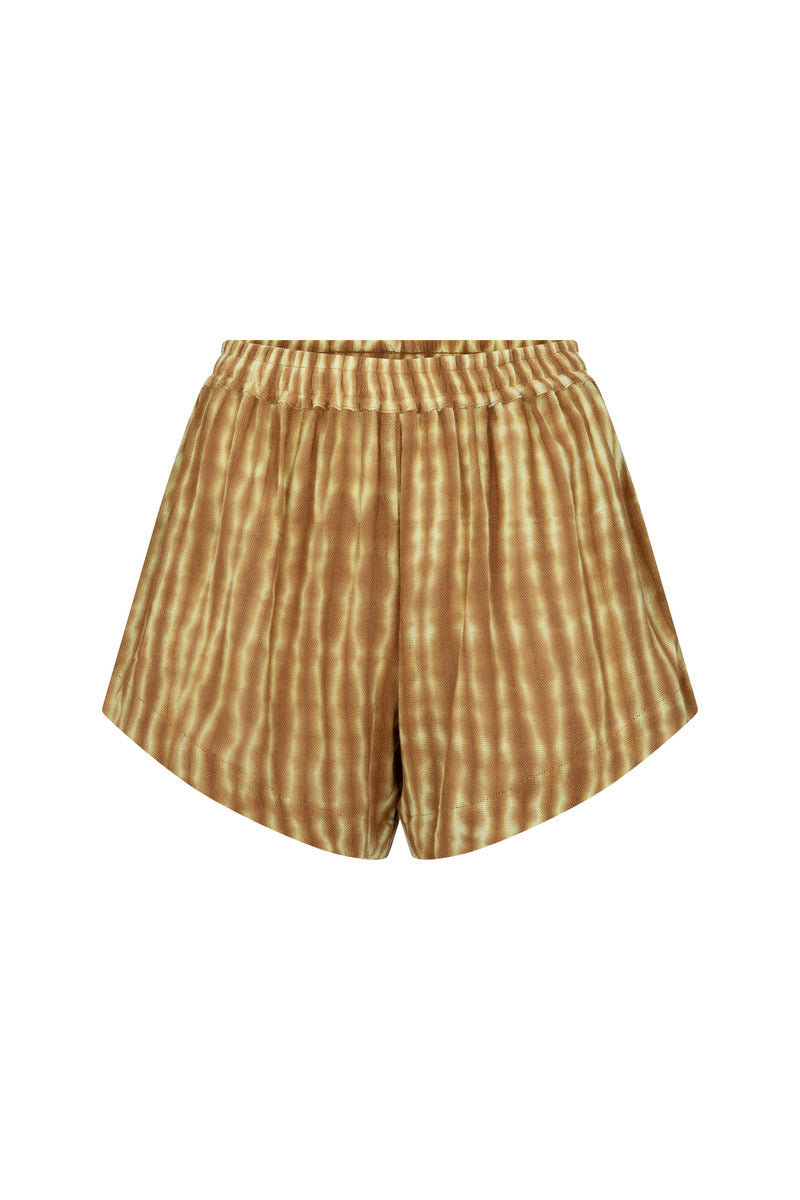 Womens tan cotton tie dye short, ghost imagery