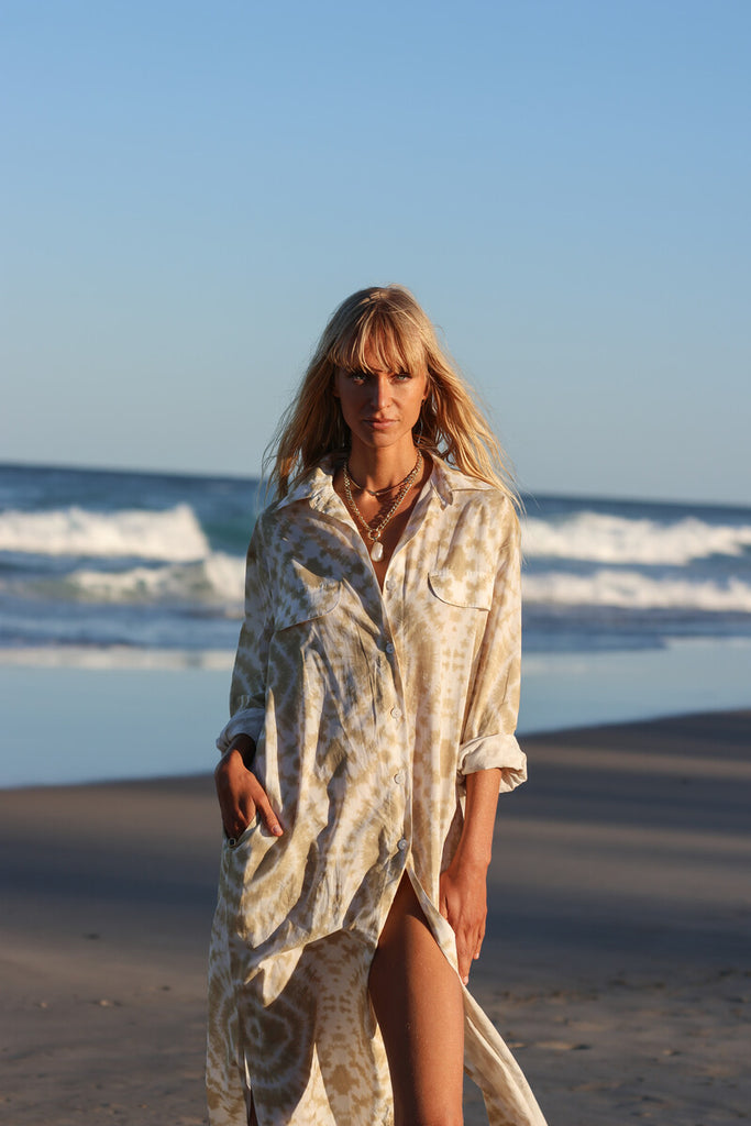 womens button up maxi dress tie dye print 