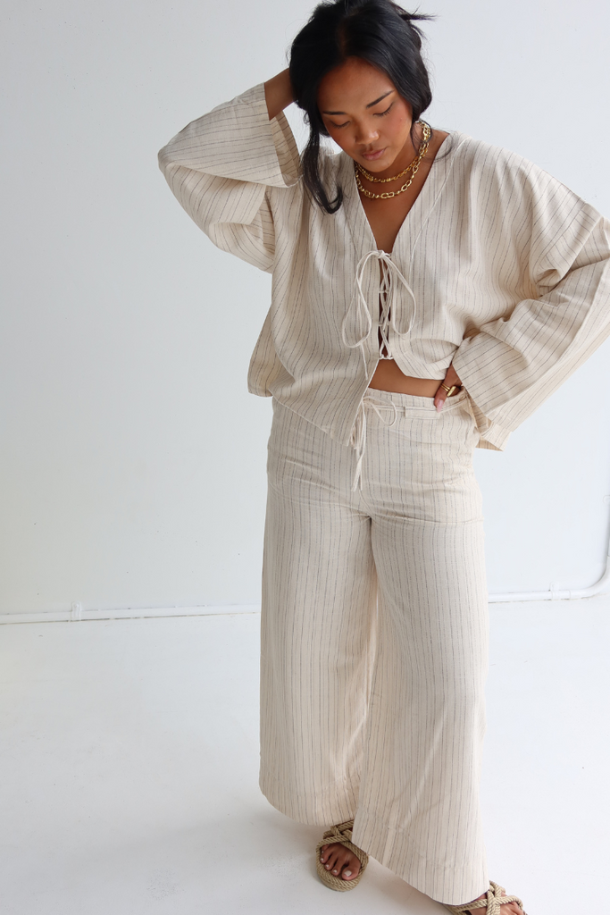 womens fixed waist pant set natural stripe front view