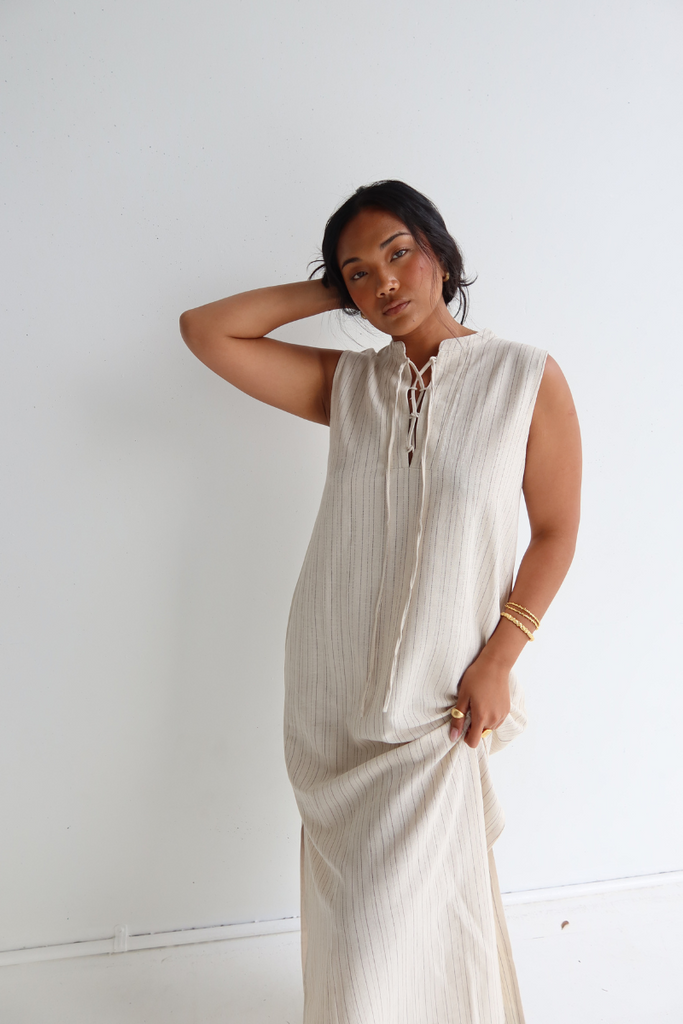 womens sleeveless high neck maxi dress natural stripe front view