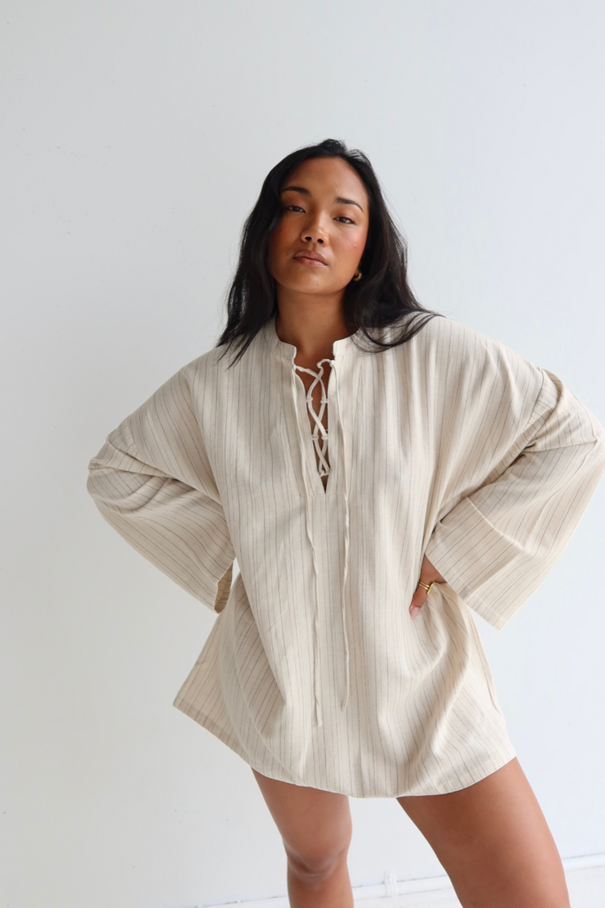 womens long sleeve mini dress natural stripe front view