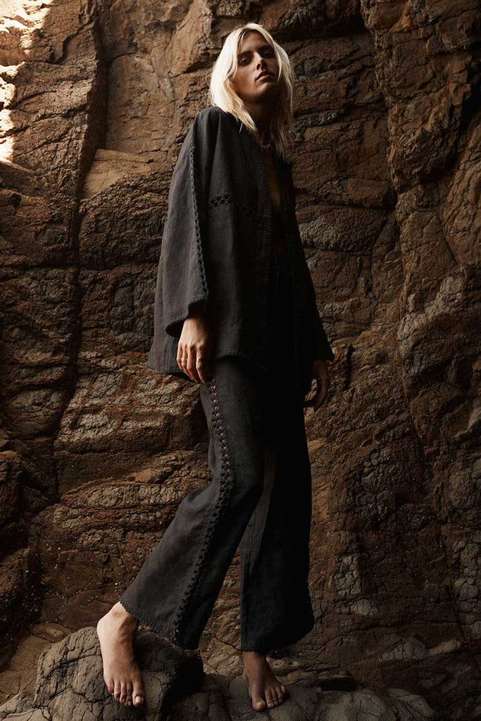 Womens Long sleeve shirt crochet linen Charcoal side view