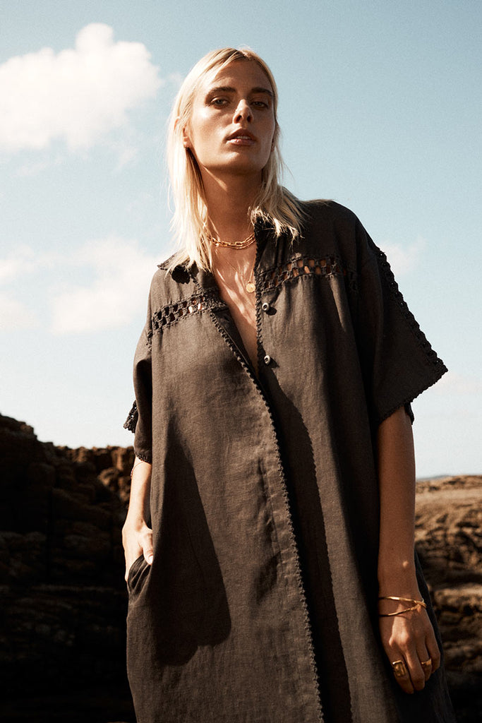 Womens Long Maxi Dress Linen crochet Charcoal Front View 