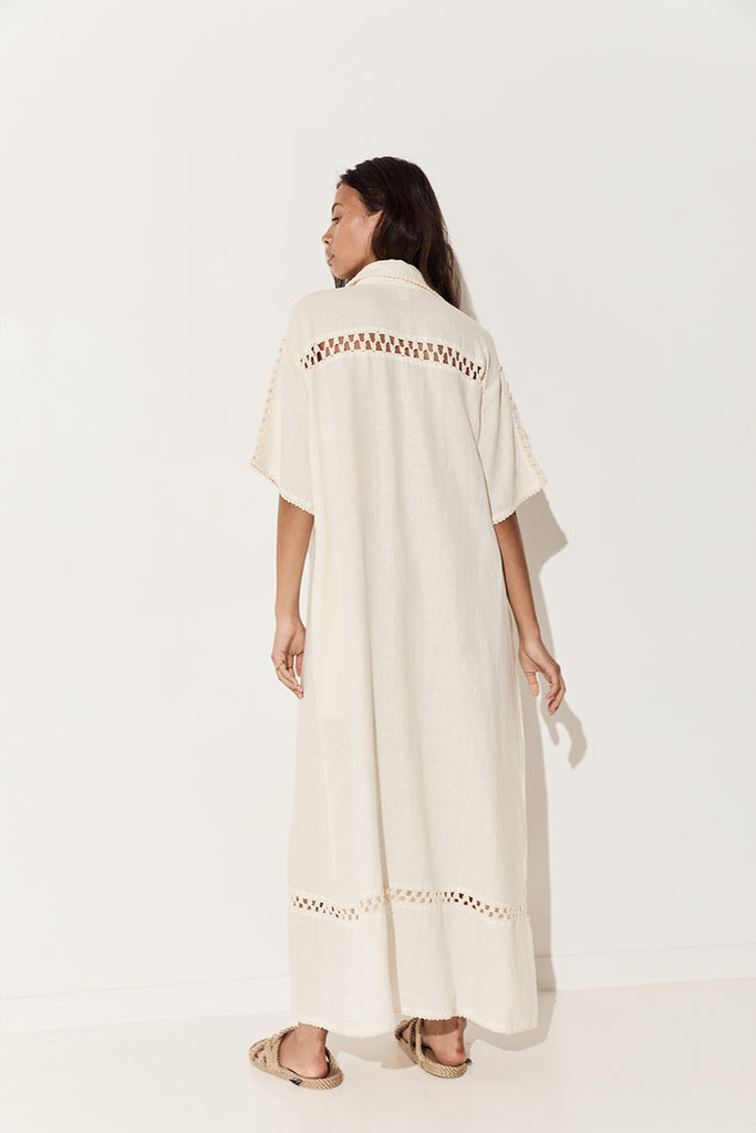 women's short sleeve maxi dress linen crochet cream